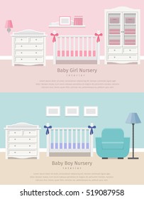 Banners baby nursery room interior for girls and boys with white furniture in flat style. Modern children's bedroom design. Background. Vector illustration.