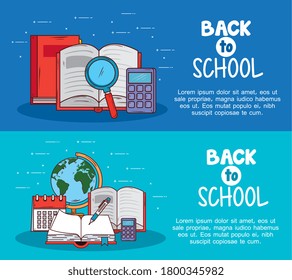 banners of back to school with supplies education icons vector illustration design