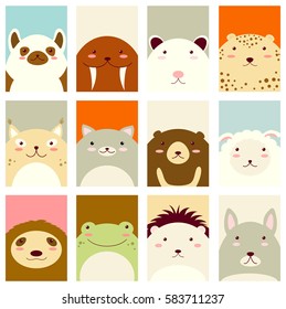 Banners, backgrounds, flyers, placards in hand drawn style with cute animals. Poster for scrapbooking. Vector template card for greeting, decoration, congratulation, invitation in retro pastel colors