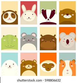 Banners, backgrounds, flyers, placards in hand drawn style with cute animals. Poster for scrapbooking. Vector template card for greeting, decoration, congratulation, invitation in retro pastel colors