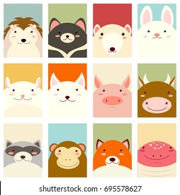 Banners, backgrounds, flyers, placards in hand drawn style with cute animals. Poster for scrapbooking. Vector template card for greeting, decoration, congratulation, invitation in retro colors. EPS8