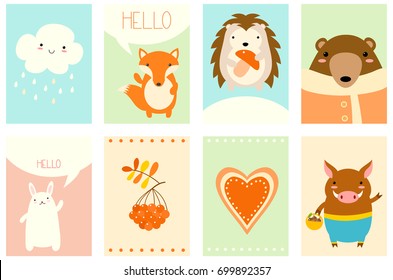 Pancartas, fondos, volantes, pancartas dibujadas a mano con lindos animales del bosque. Afiche de la reserva de recortes. Tarjeta de plantilla vectorial para saludos, decoración, felicitación, invitación, adhesivos. EPS8