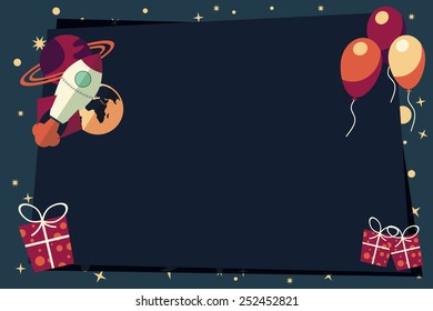 Banners with balloons, presents, rocket ship and planets, vector illustration