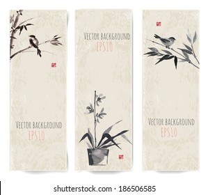 Banners with bamboo, birds and orchid in sumi-e style. Vector illustration. Traditional Japanese painting. Hand-drawn with ink. 