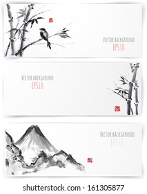 Banners with bamboo, mountains and bird in sumi-e style. Vector illustration. Traditional Japanese painting. Hand-drawn with ink. 