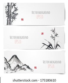 .Banners with bamboo, mountains and bird in sumi-e style. Vector illustration. Traditional Japanese painting. Hand-drawn with ink. 