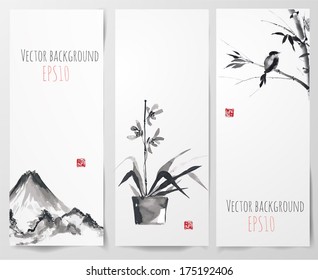 Banners with bamboo, mountains and bird in sumi-e style. Vector illustration. Traditional Japanese painting. Hand-drawn with ink. 