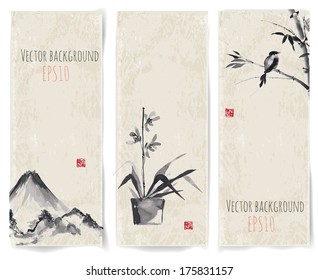 Banners with bamboo, mountains and bird in sumi-e style. Vector illustration in vintage background. Traditional Japanese painting. Hand-drawn with ink. 