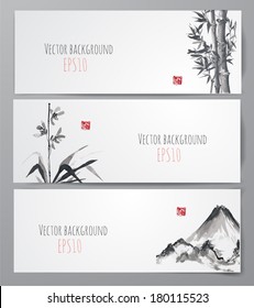Banners with bamboo, mountains and bird in sumi-e style. Vector illustration. Traditional Japanese painting. Hand-drawn with ink. 