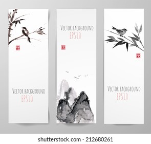 Banners with bamboo, mountains and bird in sumi-e style. Vector illustration. Traditional Japanese painting. Hand-drawn with ink. 