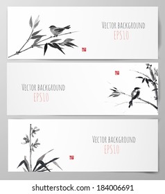 Banners with bamboo, orchid and bird in sumi-e style. Vector illustration. Traditional Japanese painting. Hand-drawn with ink. 