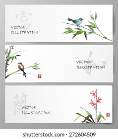 Banners with bamboo, orchid and bird in sumi-e style. Traditional Japanese painting. Hand-drawn with ink. Sealed with hieroglyphs "wealth', "happiness" (red stamp), "harmony" and "orchid"