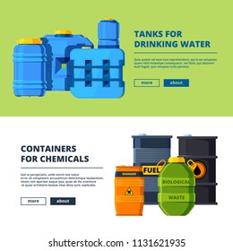 Banners with barrels. Various horizontal banners template with illustrations of different water and oil tanks. Vector barrel oil and water drinking cask