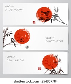 Banners with bird, bamboo branches, flowers and rising sun. Vector illustration. Traditional Japanese painting sumi-e. Hand-drawn with ink. Sealed with hieroglyphs "luck' and "happiness"