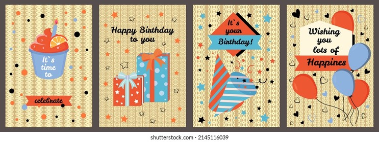 Banners for Birthday postcard. Holiday flyers with decorated congratulations and wishes. Set of birthday greeting cards with inscriptions vector illustration. Ribbon text and decoration on postal