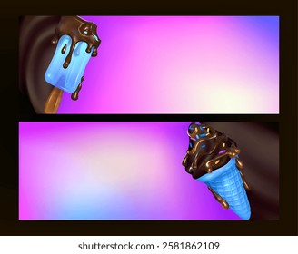 Banners a Blue Ice Cream Delights.  Colorful vector ice cream advertising composition. Realistic summer 3D design in cartoon style