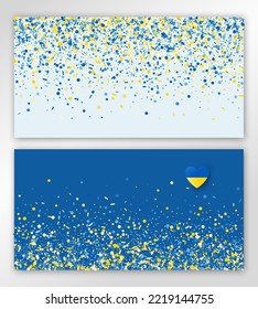 Banners with blue yellow confetti and paper heart in Ukrainian flag colors. Two vector templates for brochure design, certificates, flyers