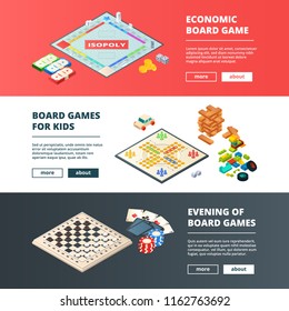 Banners of board games. Vector horizontal banners with various concept pictures of board games. Competition evening board game for group illustration
