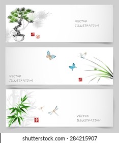 Banners with bonsai tree, butterflies and leaves of grass, bamboo and dragonflies hand drawn in sumi-e style. Contains signs "well-being", "way", "happiness".  Vector illustration.