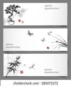 Banners with bonsai tree, butterflies and leaves of grass, bamboo and dragonflies hand drawn in sumi-e style. Contains signs "well-being", "way", "happiness".  Vector illustration.