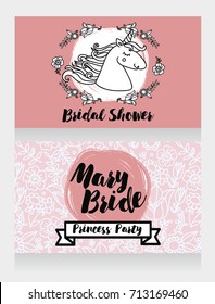 banners for bridal shower with cute unicorn and floral frame, can be used as invitation for birthday party or baby shower party, vector illustration