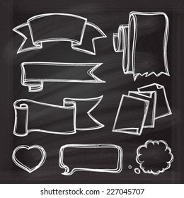 Banners and bubbles doodle icones set in black chalkboard