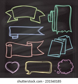 Banners and bubbles doodle icones set in black chalkboard