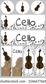 Banners, buisness card template with cello. Isolated vector illustration with musician on white background