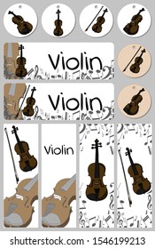 Banners, buisness card template with violin, alt and bow. Isolated vector illustration with musician on white background