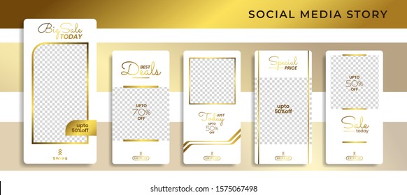 Banners Bundle Kit Set Of Social Media Instagram Story. Geometric Stories Sale Banner Background ,Poster, Flyer, Coupon, Layout Composision Golden, Smartphone Templates Story Editable Eps 10 Vector