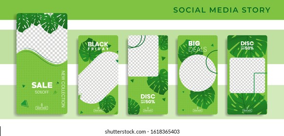 Banners Bundle Kit Set Of Social Media Story Instagram, Facebook, Monstera Green Trendy. Poster, Flyer, Coupon, Layout Composision Golden, Smartphone Templates Geometric Sale Banner Background Eps 10