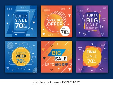 Banners bundle kit set of social media ig post feeds. Summer clearance sale. Trendy editable template for social networks post and web internet ads. Layout for promotion. Vector illustration