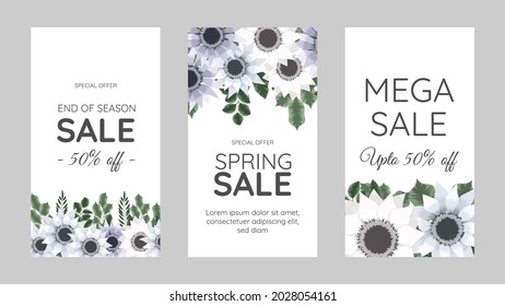 Banners Bundle Kit Set of Social Media Story. Floral Flowers Stories Sale Banner Background ,Poster, Flyer, Coupon, Layout Composition Gift Card, editable Templates Vector Illustration