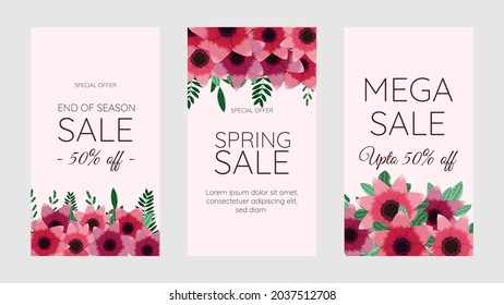 Banners Bundle Kit Set of Social Media Story. Floral Flowers Stories Sale Banner Background ,Poster, Flyer, Coupon, Layout Composition Gift Card, editable Templates Vector Illustration