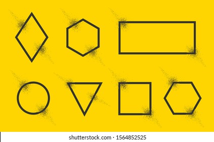 Banners burst destruction. Explosion frame shatter. Vector geometric modern shape. Particle spray effect with debris. Figure turning into dust. Splitting particles. Badge, poster template element.