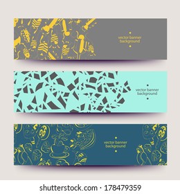 Banners for business cards, labels, tags. Unique design and interesting solutions. Hand drawn illustration and place for your text.A set of modern vector web banners with varicolored background.