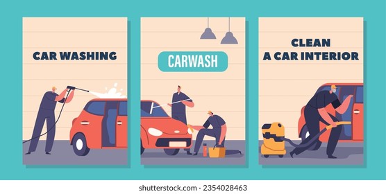 Banners For Car Wash Service With Workers Characters Wearing Uniform Lathering Automobile With Sponges And Water