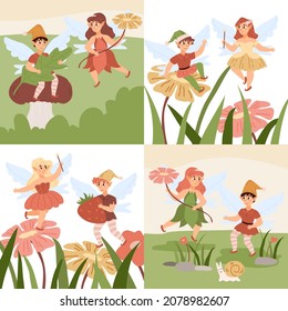 Banners or cards backdrops with funny cute pixies or elves cartoon characters, flat vector illustration. Fairy tale folklore banners with pixie children in garden.
