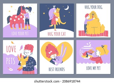 Banners or cards collection with kids hugging their pets, cartoon flat vector illustration. Children love and care for their pets. Domestic animals keeping and caring.