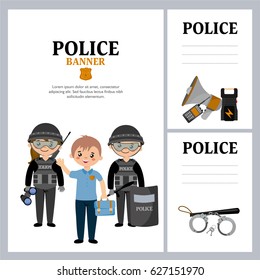 Banners and cards set template. Special units police. Creative design with your text. Officer in uniform, special forces and professional equipment.