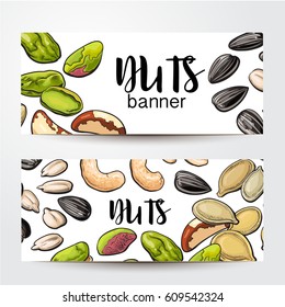 Banners with cashew, sunflower, pumpkin seeds, pistachio, Brazil nuts and place for text, sketch vector illustration on white background. 