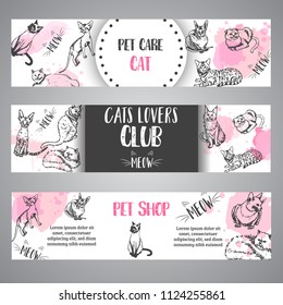 Banners with cat breeds. Cats lovers text Vector illustration Cute kitten sketch. Pet care web header templates