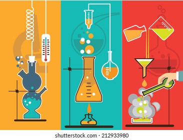 Banners with Chemistry laboratory infographic flat elements vector illustration.