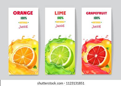 Banners with citrus fruit juice and splashes. Grapefruit, lime and orange drink package design.