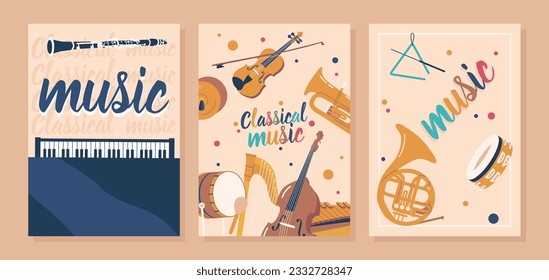 Banners with Classical Music Instruments Violin, Clarinet, Cello and Harp. Drum, French Horn or Tambourine with Piano