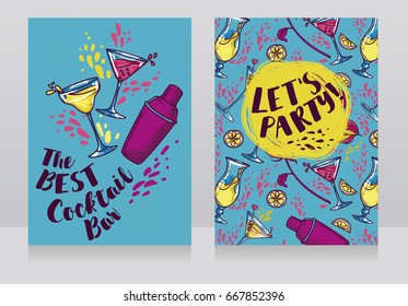 Banners for cocktails bar,  can be used as party invitation, funky summer palette, vector illustration