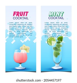 Banners with cocktails. Vector illustration of realistic glasses with fruit and mint cocktails on a blue background.