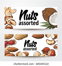 Banners with coconut, cashew, peanut, hazelnut, almond, Brazil nuts and place for text, sketch vector illustration on white background. Banner, label design, decoration element with nuts