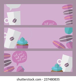 banners with coffee cups, macaroon and cupcakes