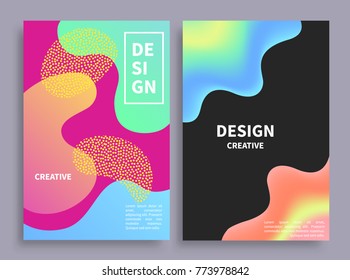 Banners collection with blots and lines as pattern, headlines in frame and text sample below, objects vector illustration isolated on grey background
